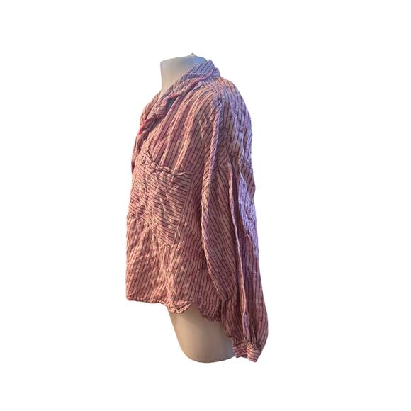 Women L Anthropologie Button Sleep Pajama Shirt Top Pink Stripec Printed Blouse - Picture 3 of 6